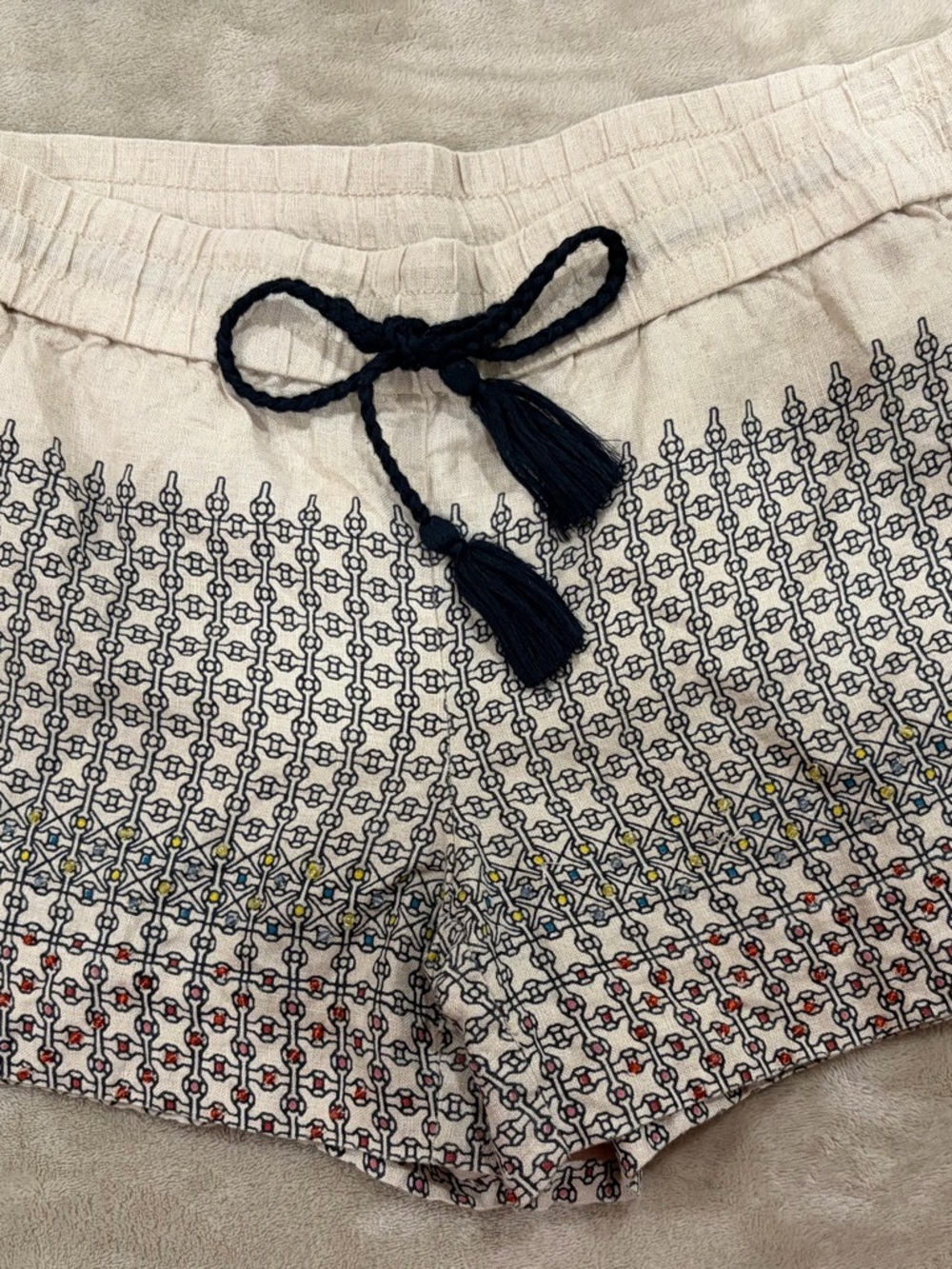 LOFT Beige Beaded and Embroidered Drawstring Shorts